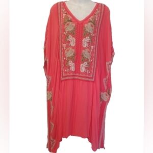Johnny Was Coral Floral Embroidered Kaftan  Dress Size: